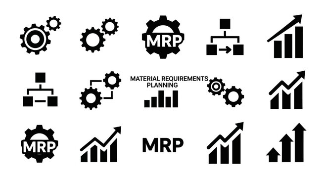 Material Requirements Planning Icons: Gears, Flowcharts, Growth Charts, MRP