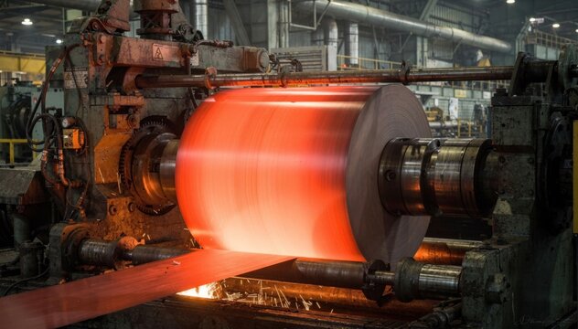 Closeup medium shot showcasing single mandrel downcoiler in action efficiently managing hot strip threading and coiling process.