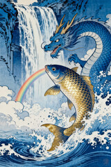 Naklejka premium Traditional ukiyo-e artwork depicts a golden carp leaping amidst ocean waves before a waterfall, with a blue Eastern dragon watching nearby, accented by a small rainbow.