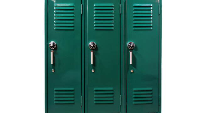 Three dark green metal lockers with combination locks and vents, isolated on transparent background