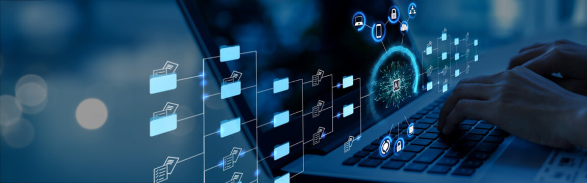 Businesswoman Using Ai artificial intelligence on laptop to document management concept, online documentation database and digital file storage system or software, records keeping, database technology