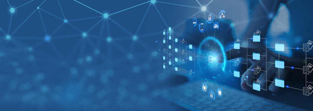 Businesswoman Using Ai artificial intelligence on laptop to document management concept, online documentation database and digital file storage system or software, records keeping, database technology