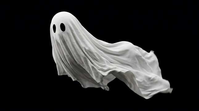 Playful ghost costume floats spookily against a dark background, perfect for Halloween fun.