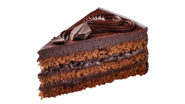 Decadent chocolate cake slice with ganache and chocolate shavings, isolated on transparent background