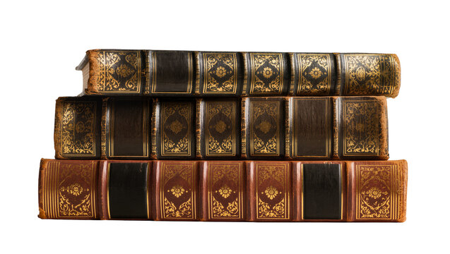 Stack of antique leather-bound books with gold tooling, isolated on transparent background