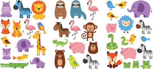 Obraz premium Cute cartoon animals mega collection with wild and farm creatures colorful vector illustration for kids learning posters nursery decor stickers and educational design