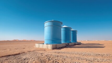 Obraz premium Vast Blue Water Storage Tanks in Desert Landscape Under Clear Sky, Close-Up Wide-Angle View Capturing Flat Terrain and Serene Environment