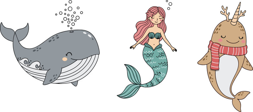 Cute marine fantasy characters set with whale mermaid and deer fish cartoon vector illustration for kids design nursery decor stickers and magical ocean themes
