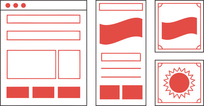 Red and white wireframe website layout templates and digital advertising banner interface