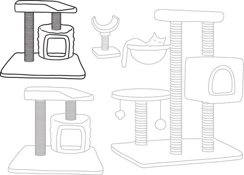 Cat house and scratching post line art set pet accessories doodle toys for cats minimalist outline clipart black contour cartoon style pet care grooming vet clinic design for social media product card