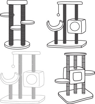 Cat house and scratching post line art set pet accessories doodle toys for cats minimalist outline clipart black contour cartoon style pet care grooming vet clinic design for social media product card