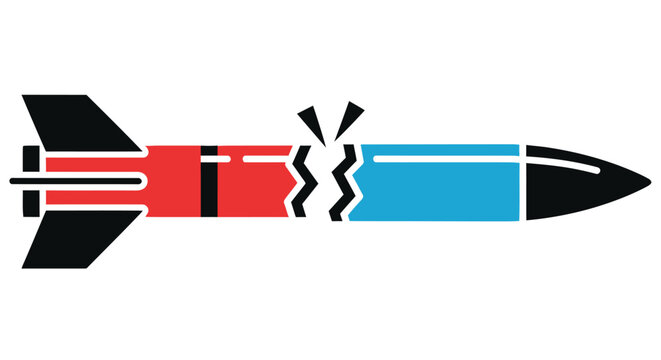 Stylized missile illustration showing a break or impact point with color blocks
