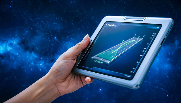 Hand holding a futuristic digital tablet displaying a 3D AI "ILS Landing" glideslope visualization for aircraft.
