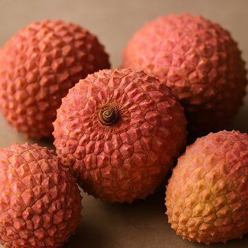 A close up view of several fresh lychee fruits showing their bumpy pink rind and textured skin