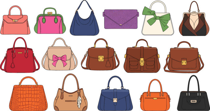 Fashion handbags collection with stylish purses tote bags and clutches colorful vector illustration for accessories design retail branding luxury products and women fashion concepts
