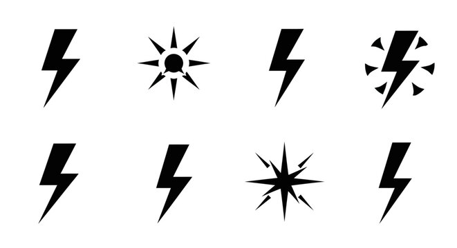 Set of lightning bolt and starburst icons, vector graphics
