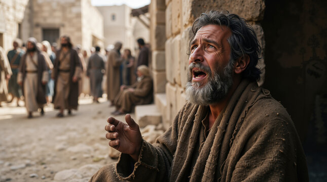 Close up of Bartimaeus calling out in an ancient street. Older bearded man in a rough robe pleading for healing. Biblical times historical religion concept for banner