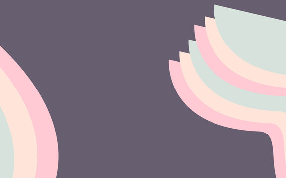 Abstract retro pastel background with layered curved rainbow arcs in soft pink, mint green, cream and peach on muted purple backdrop, geometric corner wave design
