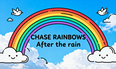 Naklejka premium This cute cartoon illustration features a rainbow over a blue cloudy sky, with inspirational text and smiling clouds and flying birds, creating a warm, positive scene.