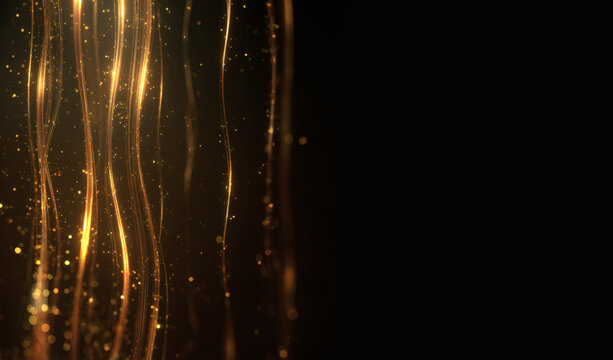 Elegant golden streamers and glowing particles falling on black background, luxury abstract background with copy space, festive glitter light rays overlay