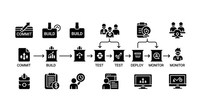Software Development Workflow Icons: CI/CD Pipeline Stages - Commit, Build, Test, Deploy, Monitor