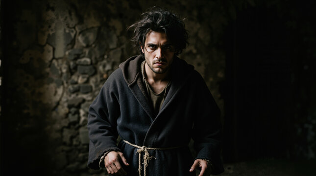 Portrait of a young man with a rough unshaven face. Biblical character in a dark hooded robe. Dramatic lighting in a stone setting