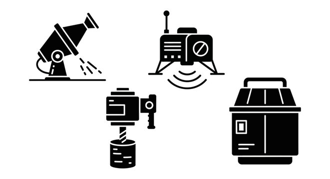 Space Exploration Technology Icons: Rover, Lander, Drill, and Capsule