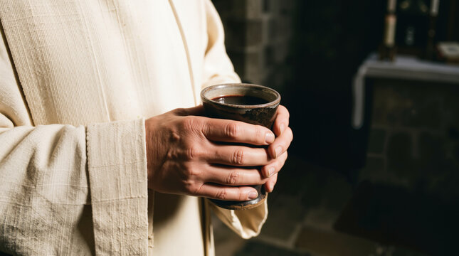 Close up of hands holding a chalice during communion. Priest in liturgical vestments performing a religious ritual in a church