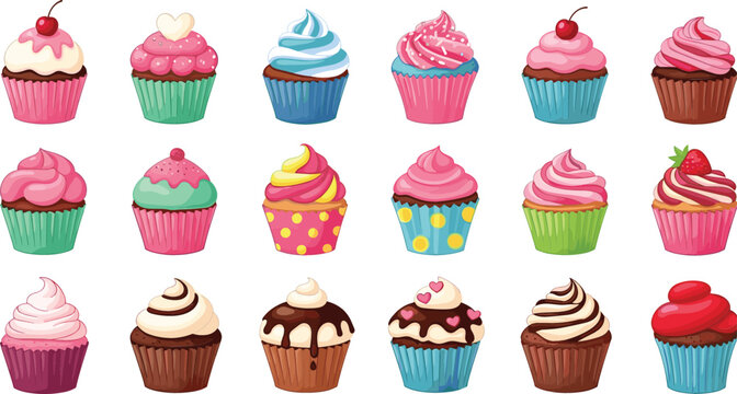 Colorful cupcake set with creamy frosting toppings and sweet dessert variations cartoon vector illustration for bakery menu design party decorations and confectionery branding