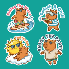 Fototapeta premium Cute Capybara Summer Activity Set Beach, Pool Float, Sandcastle Cartoon Collection