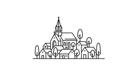 Fototapeta premium Minimalist line art illustration of a charming small village with a church, houses, and trees. Geometric townscape.