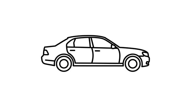 Simple black and white line art illustration of a generic sedan car vehicle icon in profile view