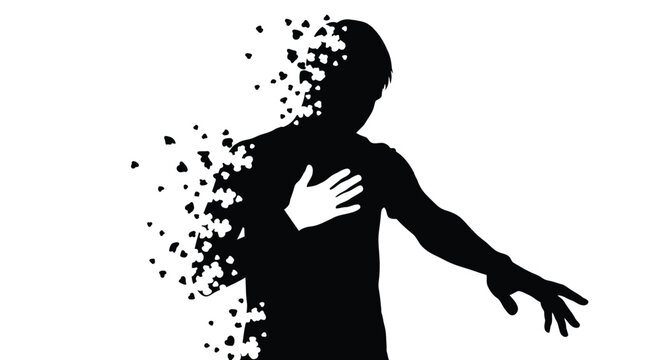 Silhouette of a man disintegrating with particles flying off his body in a dynamic motion