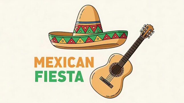 Flat vector sombrero and guitar, text &ldquo;Mexican Fiesta&rdquo;
