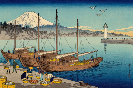 This ukiyo-e style woodblock print depicts a busy fishing port dock, with wooden sailboats moored alongside workers sorting fresh catch, with Mount Fuji visible across the calm bay.