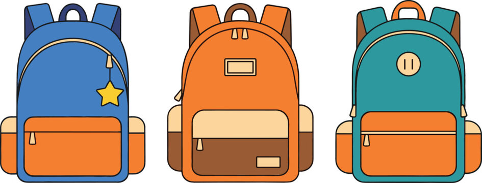 Colorful school backpacks collection with modern design student bags vector illustration for education supplies kids accessories back to school concept and stationery branding