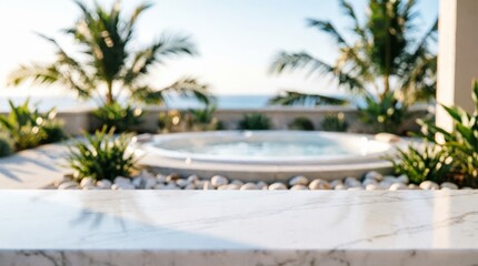 Obraz premium Luxury Outdoor Spa with Palm Trees and Ocean View for Web Design