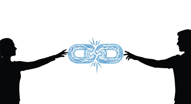 Two people reaching for a broken link chain in a vector graphic illustration design