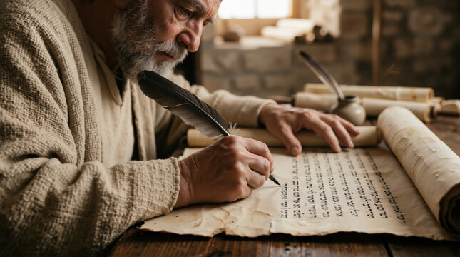 Elderly man writing on ancient parchment scroll. Biblical prophet Isaiah character with quill pen. Historical religious scene
