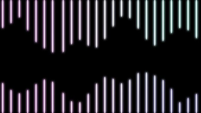 Abstract digital equalizer with glowing pink and cyan neon vertical lines. Dynamic sound wave visualization background, for streaming or music