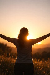 Fototapeta premium Silhouette of woman enjoying sunset in nature. Peaceful atmosphere creates sense of freedom and tranquility. Vertical image captures beauty and joy of outdoor lifestyle.