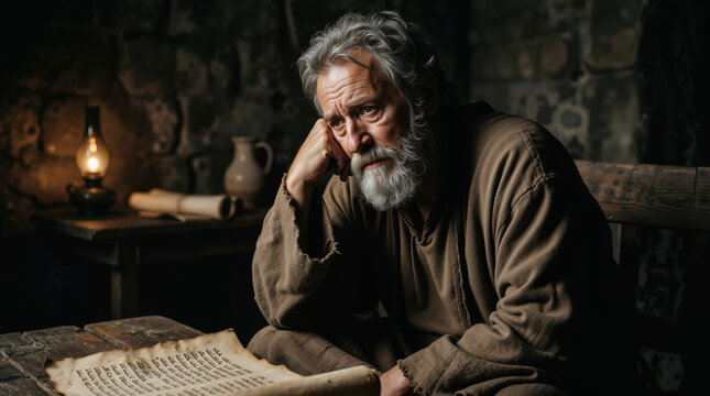 Elderly man in historical robes reflecting in a dimly lit room. Biblical prophet Jeremiah concept with ancient scroll
