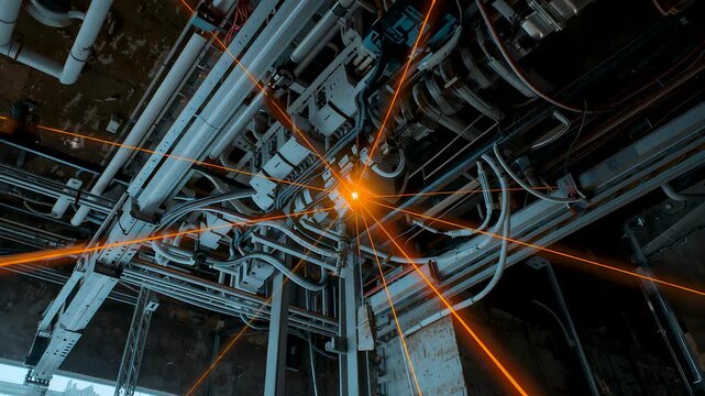 Industrial ceiling pipe network with glowing orange sensor point, complex factory infrastructure, engineering cables and smart utility system