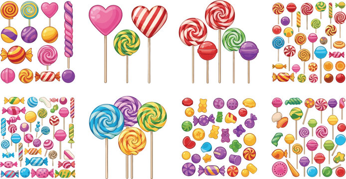 Colorful candy and lollipop collection with sweet treats assorted shapes and flavors cartoon vector illustration for kids party design packaging and confectionery branding