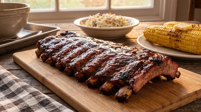 Delicious rack of barbecued ribs served on a wooden board with sides of coleslaw and corn on the cob, perfect for a summer cookout