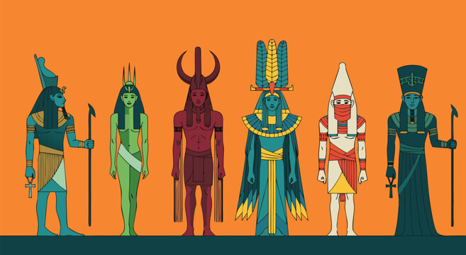 Ancient Egyptian gods and goddesses vector illustration standing together in a sacred landscape