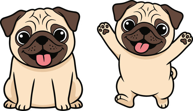 Cute pug dog cartoon characters set with sitting and jumping poses adorable pet mascot vector illustration for kids design stickers and branding