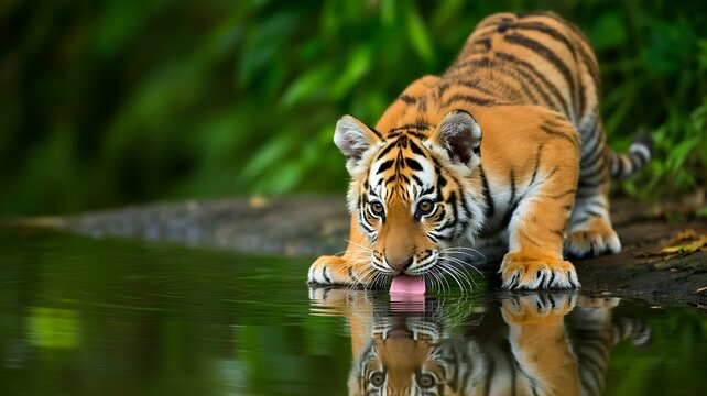 Wild tiger drinking water from river in natural forest habitat wildlife scene