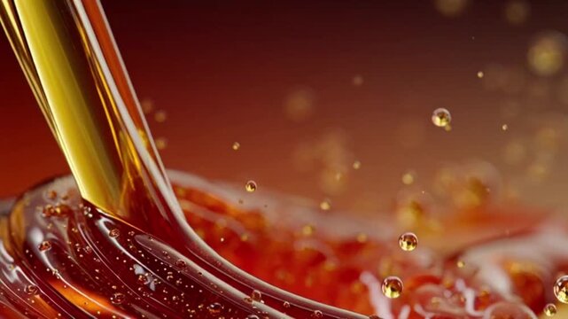 Golden viscous liquid creating captivating swirls and shimmering bubbles, showcasing a rich, smooth flow under dramatic lighting