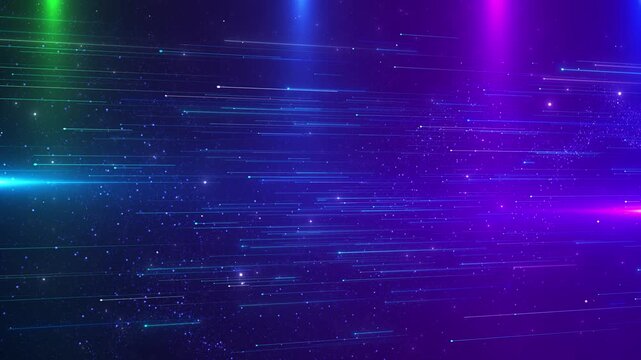 Colorful neon speed lines background with blue, purple, green, and magenta streaks across a star filled digital space. Perfect for music videos, tech intros, party visuals, transitions, and overlays.